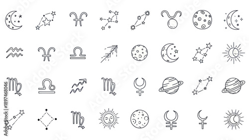 Hand Drawn Zodiac Signs, Celestial Bodies, Astrology Icons & Constellations Set