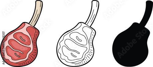 Raw meat silhouette & Outline and illustration set isolated on transparent background