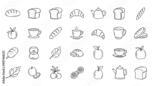 Hand-Drawn Breakfast Icons: Bread, Croissants, Tea, Coffee, Fruits, and More