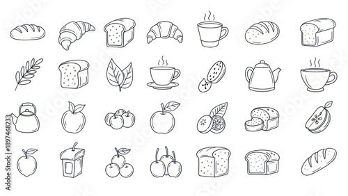 Hand-drawn Breakfast Icons: Bread, Croissants, Fruits, Tea, Coffee, and Kettle