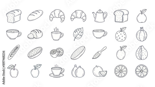 Hand-Drawn Breakfast Icons: Bread, Croissants, Fruit, Tea Cups, and More