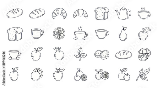 Hand-drawn breakfast icons: bread, croissants, tea, coffee, fruits, and leaves.