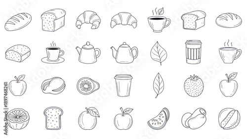 Hand-Drawn Breakfast Icons: Bread, Croissants, Tea, Coffee, Fruits, and Pastries