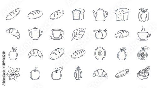 Hand-drawn breakfast icons: bread, croissants, tea, fruit, vegetables, coffee, almond