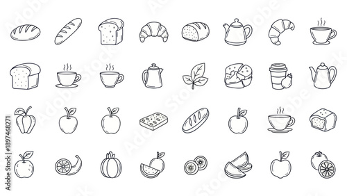 Hand-drawn Breakfast Icons: Bread, Pastries, Fruits, Tea, and Jam - Line Art