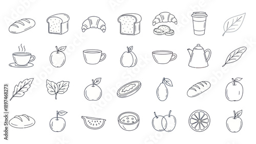 Hand-Drawn Breakfast Icons: Coffee, Bread, Croissants, Fruits, Tea, Leaves