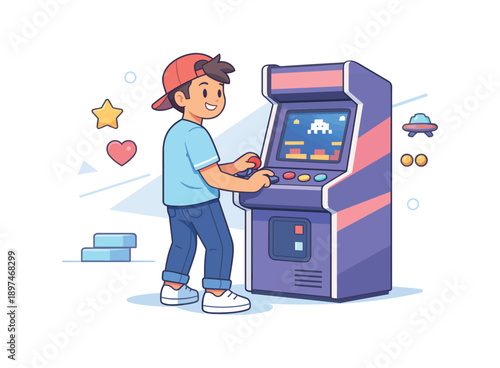 Boy playing arcade game machine in retro style, flat vector illustration