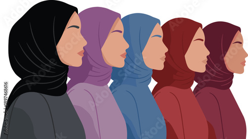Diverse Muslim women illustration showing hijab styles, female profiles, cultural identity, empowerment, unity, modern flat vector design on white background minimalist artwork