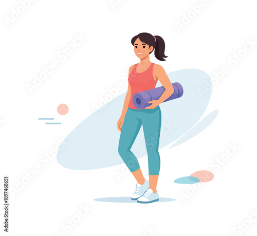 Woman with yoga mat in sportswear, flat vector illustration