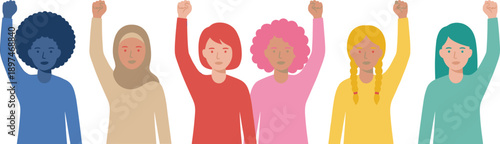 Diverse women raising fists illustration representing empowerment equality feminism unity protest social justice inclusion flat vector style on white background modern design