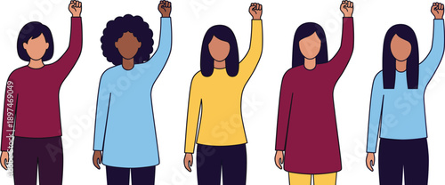 Diverse women raising fists together symbolizing feminism, empowerment, unity, inclusion, gender equality, social justice, activism, and modern flat vector illustration concept art design