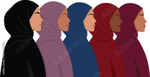 Diverse Muslim women wearing colorful hijabs in side profile, representing unity, cultural diversity, female identity, modest fashion, and modern Islamic illustration art