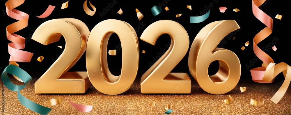 Fototapeta premium Gold numbers 2026 on a black background with confetti and festive ribbons