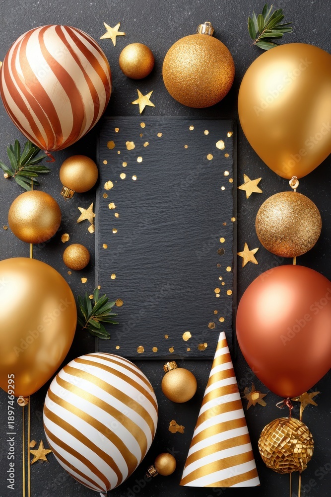 Fototapeta premium Gold holiday party decor with balloons, ornaments, and star confetti on black background