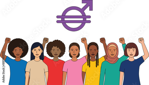 Diverse women raising fists under gender equality symbol representing feminism, empowerment, inclusion, social justice, female rights movement, and modern flat vector illustration