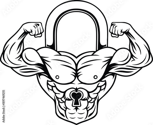 Muscular Padlock Logo with Flexing Arms Illustration, Strength and Security Padlock Fitness Emblem