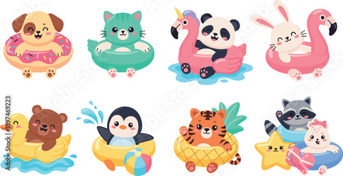 Cute animals swimming with inflatable rings and pool floats, happy summer beach characters, playful cartoon pets and wildlife, colorful flat vector illustration set