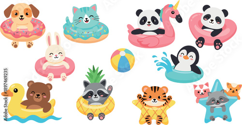 Cute animals swimming with inflatable rings, happy summer pool and beach characters, playful cartoon pets and wildlife, colorful flat vector illustration set