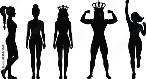 Female empowerment silhouette set showing transformation strength confidence royalty fitness victory feminism concept minimalist black women figures isolated on white background illustration