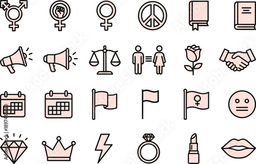 Minimal line icons set representing gender equality peace justice feminism symbols, modern outline vector collection for social awareness, activism, UI design projects
