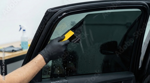 Professional Car Window Tinting Service Applying Dark Film with Squeegee Tool on Vehicle Glass During Daytime Installation Work