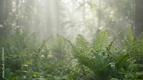 Misty Forest Floor with Sunbeams Filtering Through Lush Green Ferns and Foliage in the Morning Light