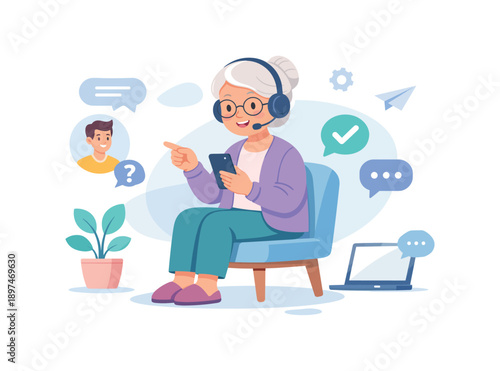 Elderly woman video chatting with grandson on smartphone, flat vector illustration