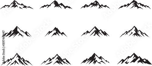 Mountain Peak Silhouette Icon Set, Black Mountain Range Logo Collection