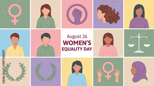 Women’s Equality Day illustration featuring diverse female portraits, feminism symbols, empowerment icons, gender justice concept, inclusion rights, flat vector design modern poster layout