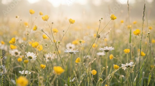 Dewdrops Cling To Delicate Yellow Buttercups And White Daisies In A Sunlit Meadow At Dawn Soft Golden Light Illuminates The Wildflowers And