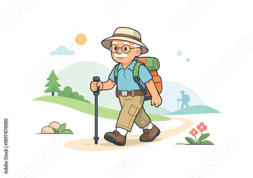 Elderly man hiking with backpack and walking stick, flat vector illustration