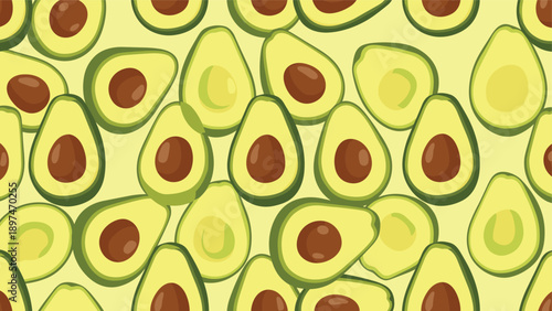 Vibrant seamless pattern of healthy green avocado halves with brown pits arranged densely on a light yellow background.