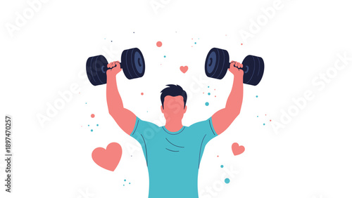 Fitness enthusiast lifting heavy black dumbbells over his head while surrounded by hearts and decorative colorful bubbles.