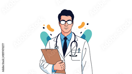 Professional male doctor in a white lab coat with a stethoscope around his neck holding a brown clipboard on a white background.