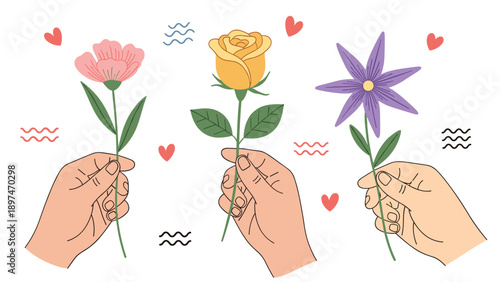 Multiple hands holding up various beautiful flowers including a rose and a purple blossom against a light cream backdrop.