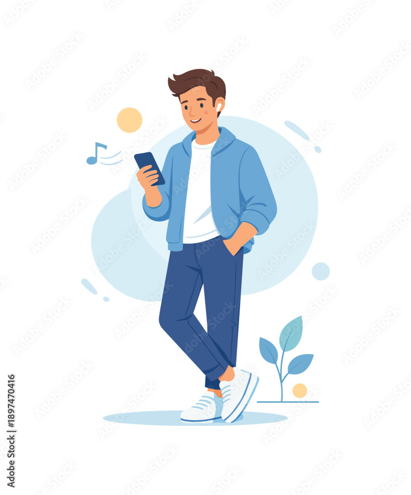 Fototapeta premium Young man with smartphone in casual outfit, flat vector illustration