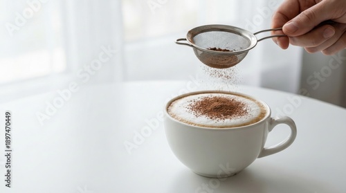 Hand Sprinkling Chocolate Powder On A Frothy Cappuccino Coffee In A White Cup On A White Table With Soft Window Light Background