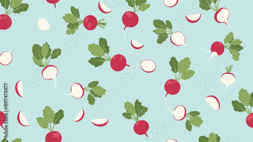 Seamless pattern of whole red radishes and cut slices with green leaves scattered across a light blue background for kitchen.