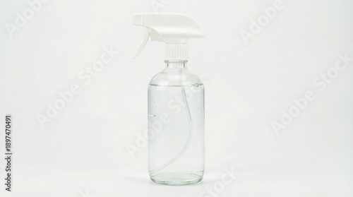 Clear Glass Spray Bottle Filled With Liquid and White Trigger Sprayer on White Background