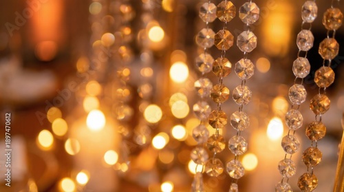 Soft Focus Golden Amber Bokeh Lights and Crystal Garlands Illuminated by Warm Candlelight Creating a Luxurious Ambiance