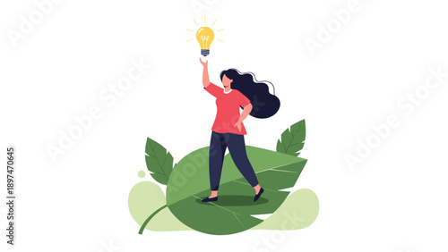 Woman in a red shirt standing on a large green leaf while reaching up to a glowing yellow light bulb representing a new idea.