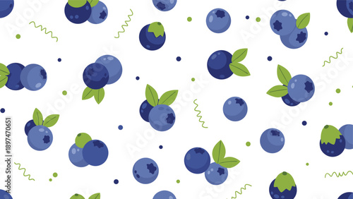 Seamless pattern of ripe blue blueberries and small green leaves scattered across a white background with decorative squiggles.