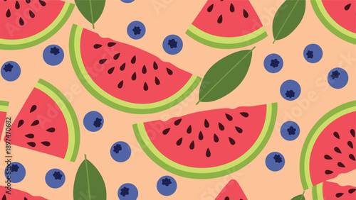 Colorful seamless pattern design featuring vibrant red watermelon slices with green rinds and ripe blue blueberries scattered on a peach background.