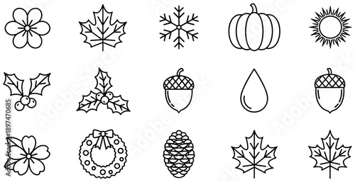Seasonal Icon Set: Flowers, Maple Leaves, Snowflake, Pumpkin, Sun, Holly, Acorns, Wreath, Pine Cone, Water Droplet, Black and White Illustration