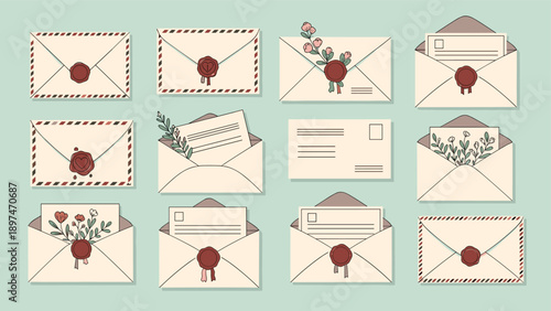 Collection of elegant vintage envelopes adorned with red wax seals and delicate botanical illustrations arranged on a light green background.