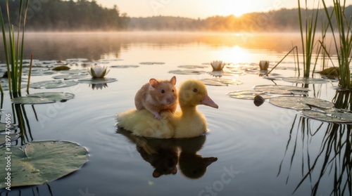 Adorable Hamster Rides Yellow Duckling Across Serene Lake at Sunrise with Golden Light Reflecting on Water Surrounded by Lily Pads and