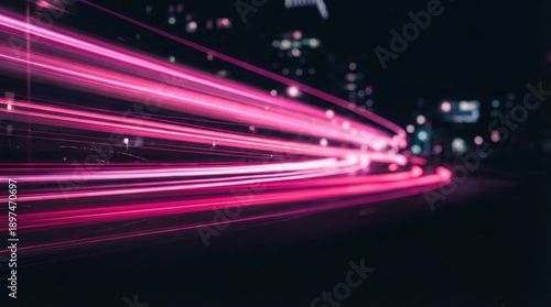 Blurred Neon Pink Light Streaks On A Dark City Street At Night With Buildings In The Background And A Sense Of Speed And Motion