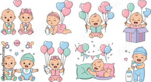 Cute baby characters with balloons, gifts and milk bottles, happy infant emotions and celebration moments, colorful flat cartoon vector illustration set
