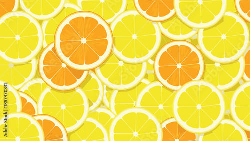 Bright and refreshing overlapping pattern of citrus slices featuring vibrant yellow lemons and juicy orange oranges for a summery look.