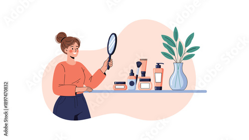 Smiling young woman getting ready at her vanity table while looking into a handheld mirror surrounded by various beauty products and plants.